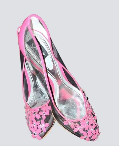 Stuart Couture gorgeous unique pink patten leather heels with black mesh… Size 6.5