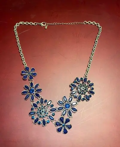 Bib Blue Floral Flowers Statement Necklace Art Deco Design Lobster Adjustable