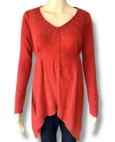 One World Womens Tunic Sweater Pullover Asymmetrical Studded Burnt Orange Medium