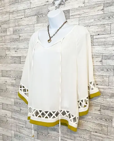 C. Luce Ivory & Ecru Lattice Trim Peasant Blouse, S