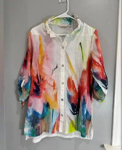 Soft Surroundings Isla Grande 100% Cotton Multicolor Watercolor Button Front Top