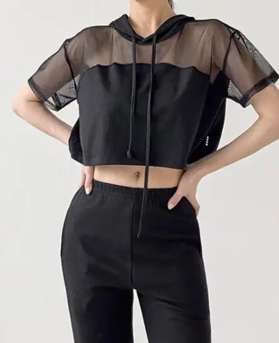 Heart Hip Black Crop Hoodie Top with Mesh Inserts