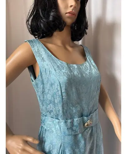Vintage OOAK Jacquard blue sleeveless retro midi dress gemstone belt M Size M