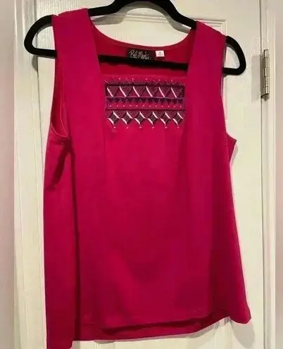 Bob Mackie Square Neck Hot Pink Metallic Embroidered Stretchy Tank Top Size S