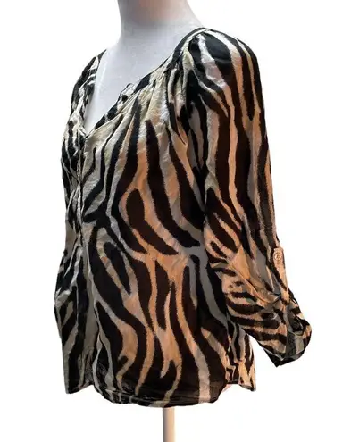 Westbound Black Tan White Animal Print 3/4 Cuff/Button Sleeve Blouse**Flaw** PM