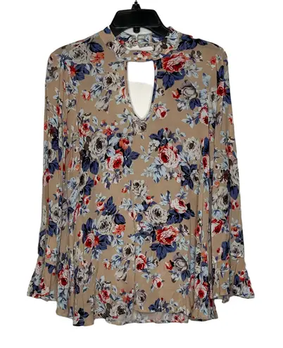 Altar'd State  Blouse Size Small Tan Multi Color Floral Flare Sleeves‎ Womens Top