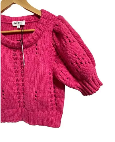 The Moon Day +  puff sleeve crochet knit hot pink knit cropped sweater Medium NEW