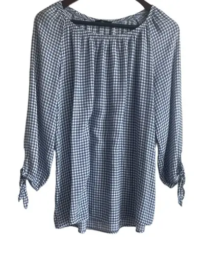 Fred David Women Top XL Blue Gingham 3/4 Sleeve Flowy Casual Preppy Coastal