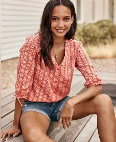 Garnet Hill  Dobby Weave Jacquard Blouse Orange Size Medium Causal Organic Cotton