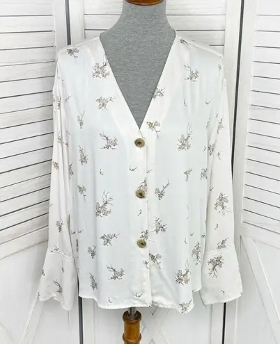 Something Navy  Floral Exaggerated Cuff Button Front Shirt Ivory Tan Large