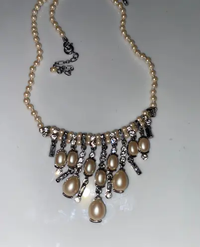 Monet Vintage  18” Silvertone Metal Chain Hanging Dangly Bib Style White Faux Pearl Rhinestone