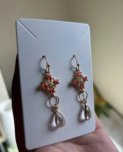 Orange Quartz Crystal Earrings, Diamond Cross Shape, Mini Hoops Teardrop, Casual