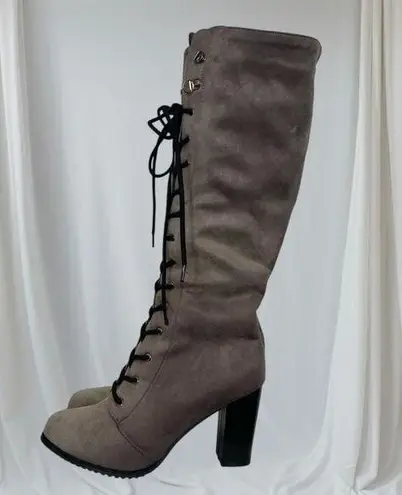 Witchy Whimsygoth Faux Suede Dark Light Gray Lace Up High Heel Boots US 9.5