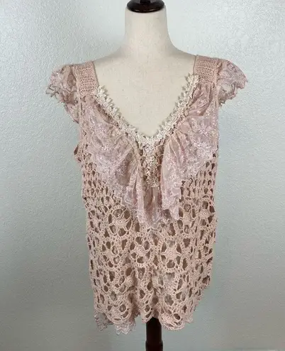 Baby pink BoHo fairycore coquette crochet floral lace tank sweater women’s L Size L