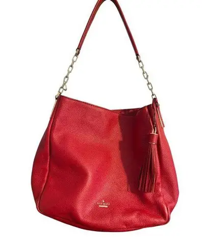 Kate Spade New York Red Pebbled Leather Tote Shoulder Bag Tassel Accent
