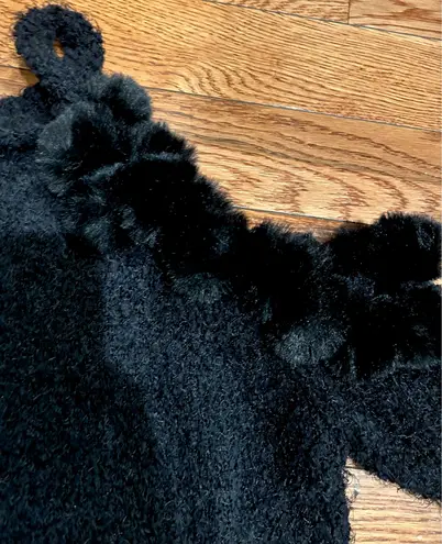 Heart black cold shoulder hairy knit sweater black faux fur balls size L Size L