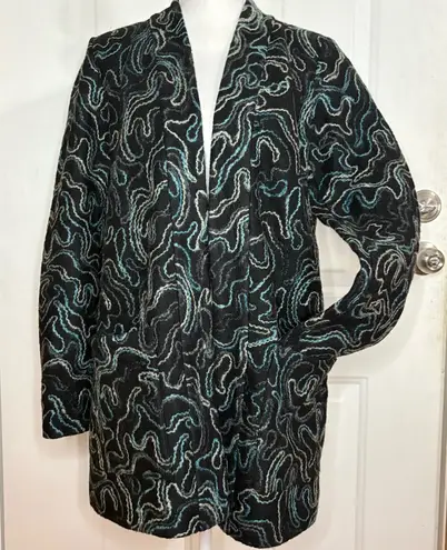 J Jill Women's Open Front Cardigan Sweater Abstract Swirls Wool Blend Size M Black Size M