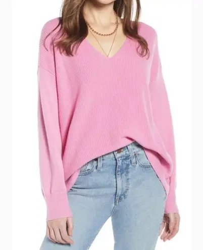 Something Navy Wool V-Neck Ribbed Knit Sweater Winter Preppy Luxury Pink Large