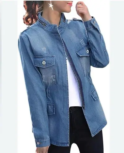 VTG SUSIELADY MOTO Denim Jacket Coat L Blue Faded Distressed Retro Trucker Y2K Size L