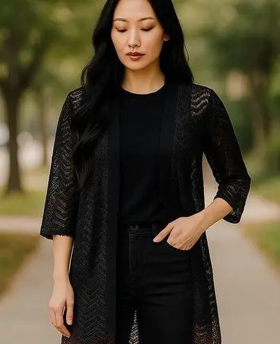 R & M RICHARDS Long Thin Black & Silver Cardigan Sweater ~ 8