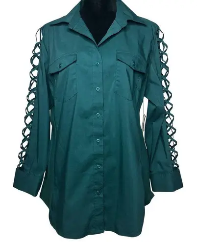 Sharagano Teal Lattice Sleeve Knit to Fit Blouse - Size Medium