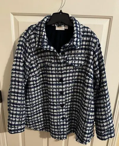 Jingle Bells by Kim Gravel Blue White Boucle Shacket Oversized Blazer Pockets XL