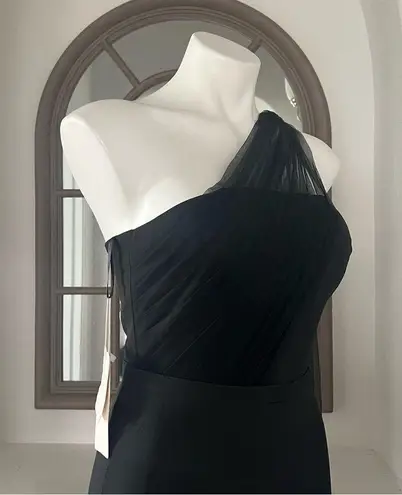 Hebeos Sheath Stretch Crepe Ruched One-Shoulder Sweep/Train Dress, Black