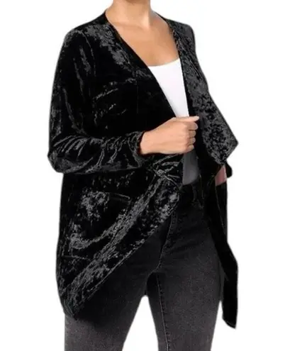 Denim & Co CANYON RETREAT NWOT Crushed Velvet Draped Collar Cardigan Black XXS