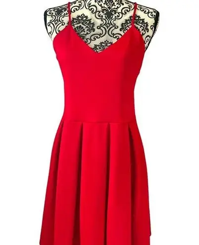 Soprano  Women's V Neck Spaghetti Strap Red Fit to Flare Pleat Dress Size L.