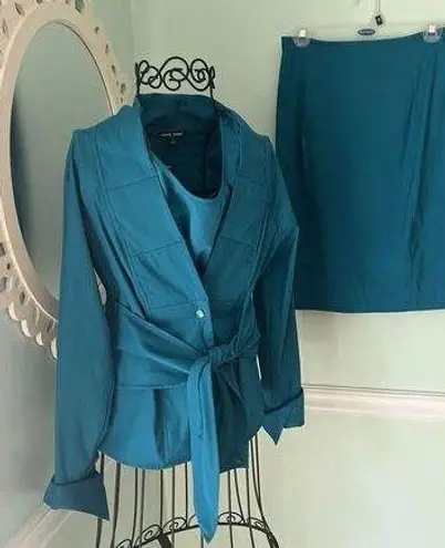 SAMUEL DONG S Teal 3 Piece Belted Blazer Suit Skirt Small
