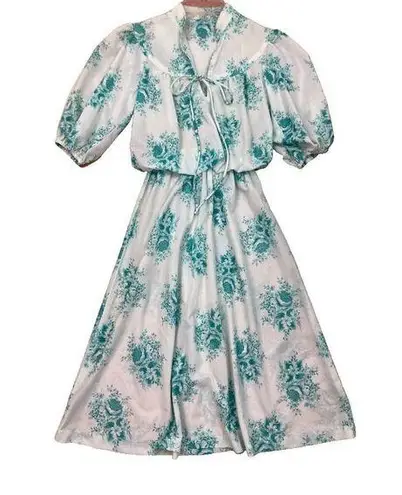 Unique Vintage Vintage 70's Green Floral Print Secretary Dress Womens Sm 4-6 Blouson Fit Flare