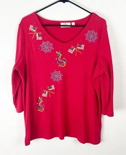 Quacker Factory Red Long Sleeves Embellished Beaded Patriotic Top, Size Large