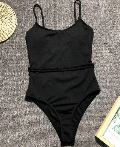 Black rope ribbed monokini one piece Size M