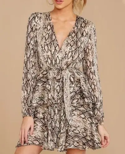 Y2K Snake Print Plunge Neckline Gray Animal Pattern Mini Dress Size Medium Tan