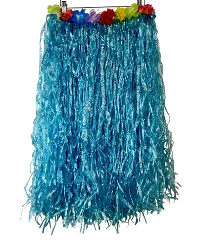 Adult Adjustable Hawaiian Hula Grass Skirt Blue One Size EUC Floral Luau