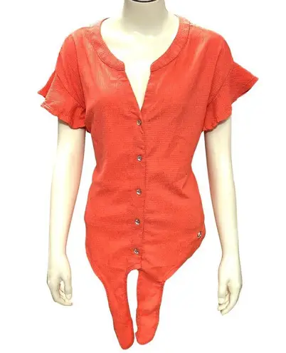 Adrienne Vittadini Coral Red Button Short Sleeve Tie Front Chic Retro Blouse XL