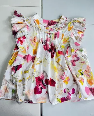 Fairhope Floral Ruffle Sleeve Top Pintuck Detail White Pink Yellow M Size M