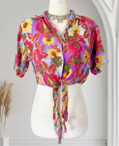 Vintage 90s 1991 Colorful Boho Hippie Floral Flower Front Tie Crop Top Blouse S