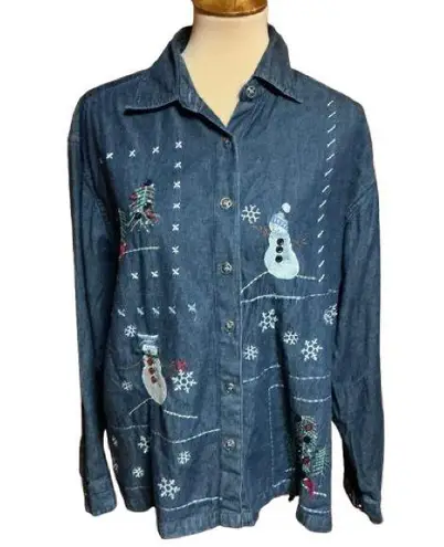 Vtg Y2K embroidered snowman denim shirt Blue Size XL