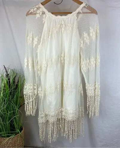 XCVI Ivory Crochet Fringe Long Sleeve Mini Dress L
