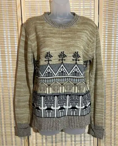 Collageman Vintage 1990s Y2K Row Houses Ship Weathervanes Beige Sweater Large Tan