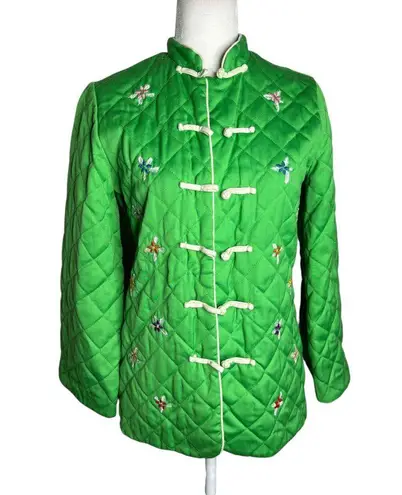 Vintage 70s Alfred Shaheen Quilted Asian Coat Small Green Frog Button Bell Sleev