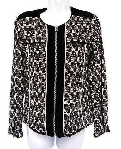 IRO Kamber Tweed Zip Sweater Jacket Sz US 6 38 Black White Crop Moto Fringe