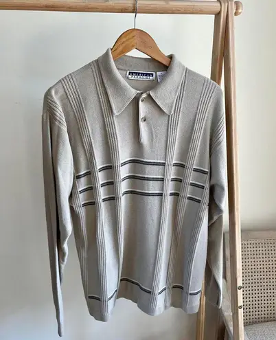 Vintage Textured Ribbed Striped Polo Neck Collared Henley Sweater in Beige Tan Size XL