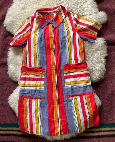 60s vintage 70s vintage pearl snap button shift dress striped 70s dress Size M