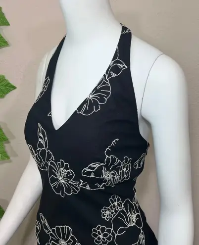 Evan Picone Black Halter Embroidered Floral Hawaiian Dress