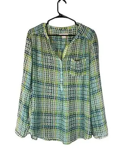 Liz Claiborne  Green Multi-Color Dotted Long Sleeve Button Down Shirt Women Sz XL