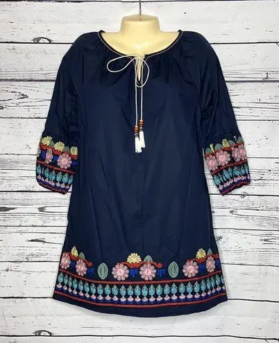 Mello Day NWT Size S Navy Blue Boho Embroidered Keyhole Tassel Tie Sheath Dress