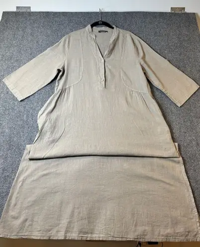 Francesca Bettini Linen Blend Maxi Dress 3/4 Length Sleeve Casual Comfy Beige L Tan Size L