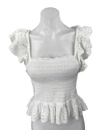 House of Harlow 1960 White Ruffle Short Sleeve Smocked Blouse Crop Top Size S